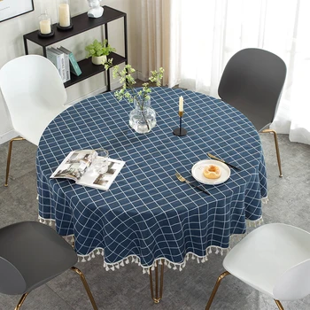 

Dining Room Home Universal Kitchen Round Dustproof Protective Washable Banquet Lattice Pattern Reusable Table Cloth With Tassel