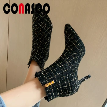 

CONASCO 2020 Women Ankle Boots Autumn New Pointed Toe Fashion Gingham Shoes Woman Concise Thin Heels Concise Casual Basic Boots
