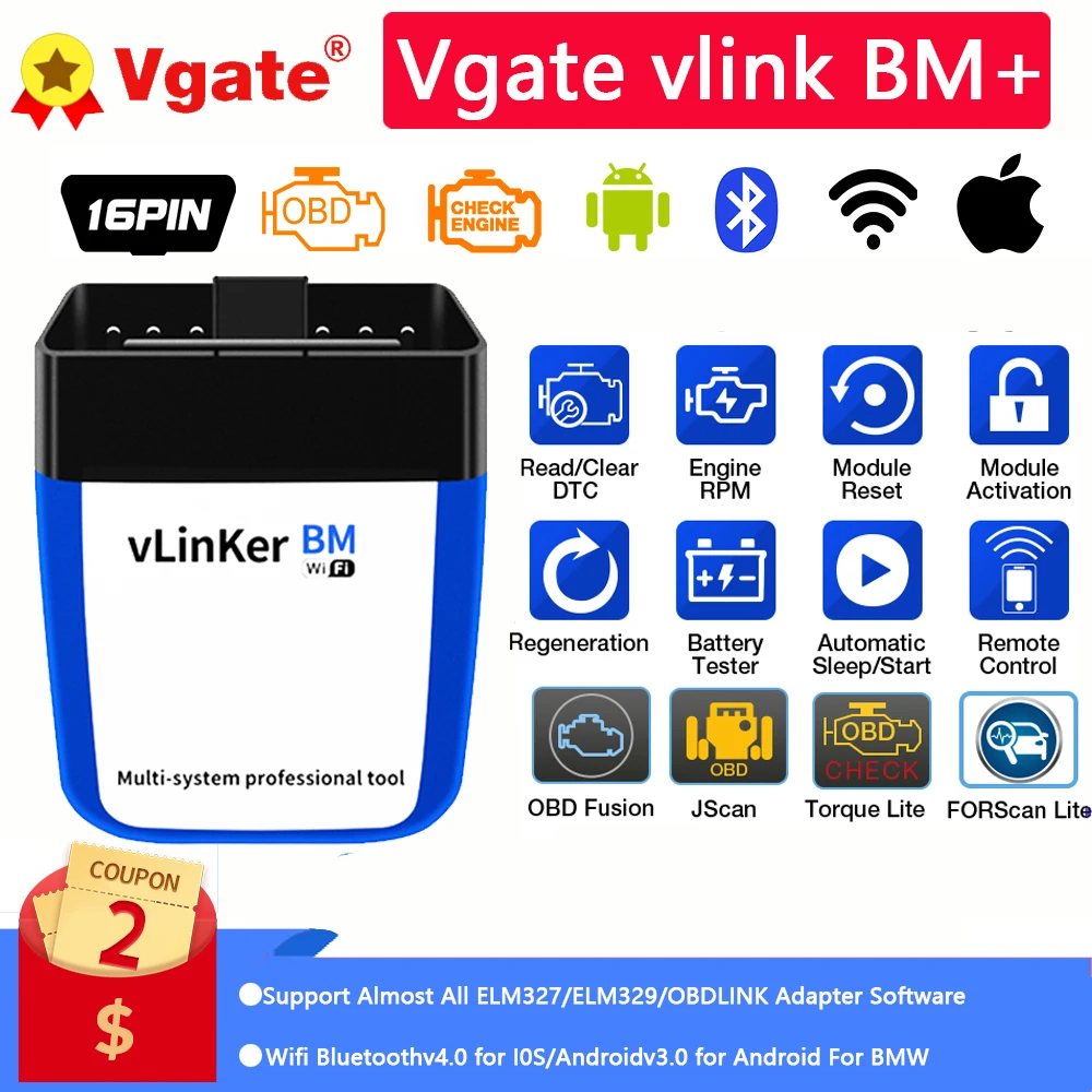 Автомобильный диагностический сканер Vgate vLinker BM + ELM327 V2.2 OBD2 Bluetooth 4 0 Wi-Fi | Автомобили