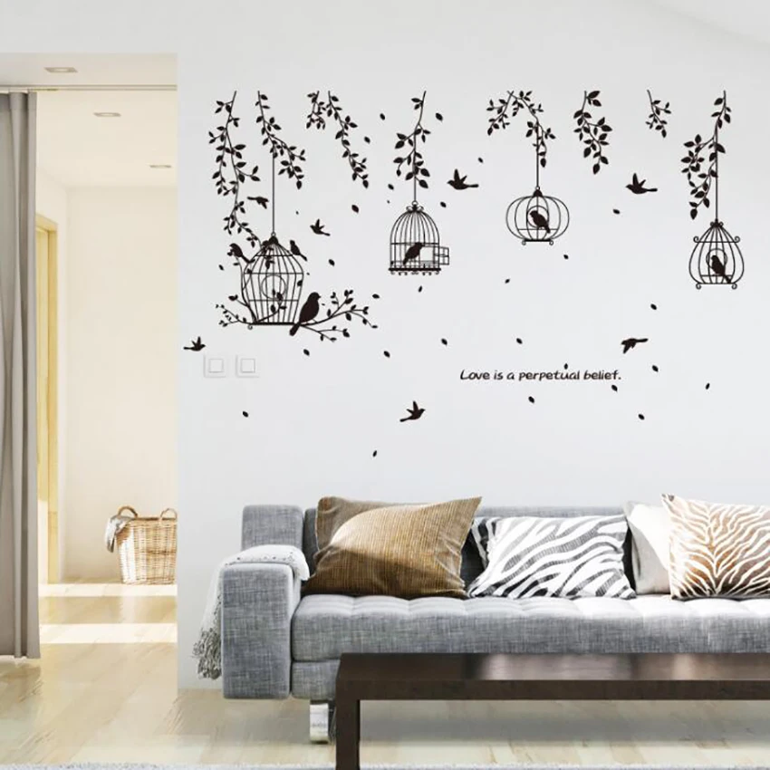 Black Garden Bird Cage Plants Tree Branch Wall Stickers Removable Living Room Wall Decals DIY Art Stickers Decoration 50x70cm,wall stickers,wall sticker