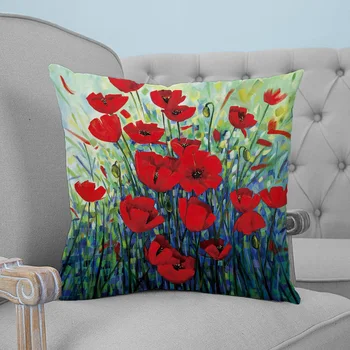 

Poppy Flower Oil Painting Printed Throw Pillow Case Plush fabric Pillowcase Home Decorative Pillow Hot