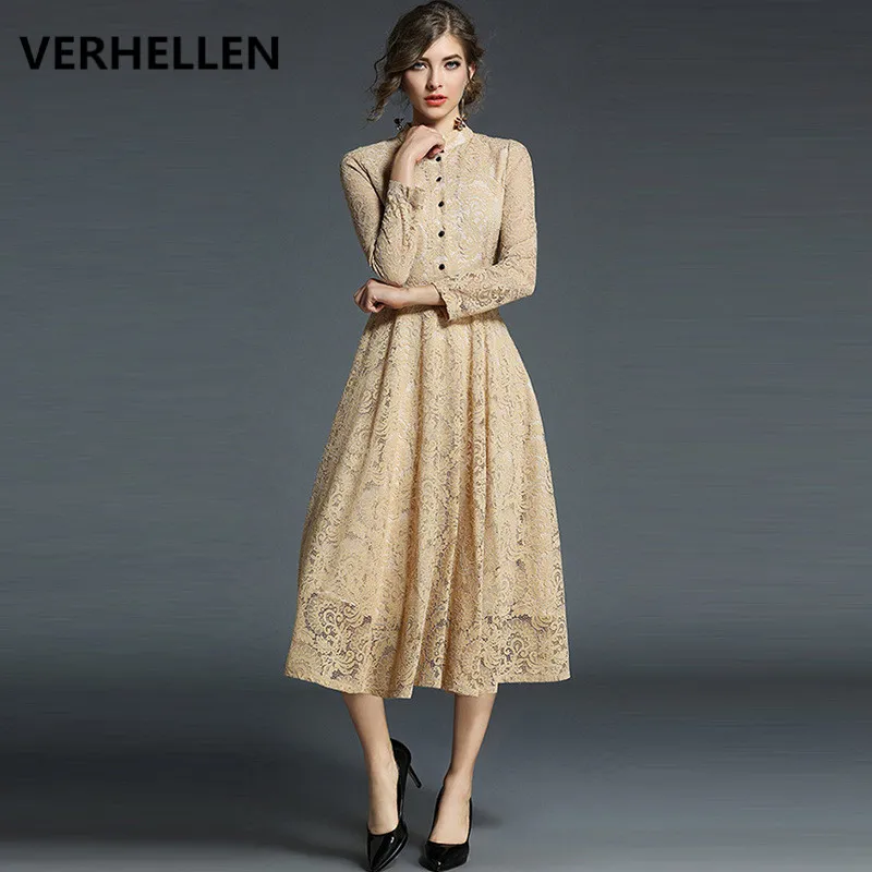 

VERHELLEN High Quality Runway Dress 2019 Autumn Women's Long Sleeve Jacquard Lace Party Long Dress Casual Vestido De Festa