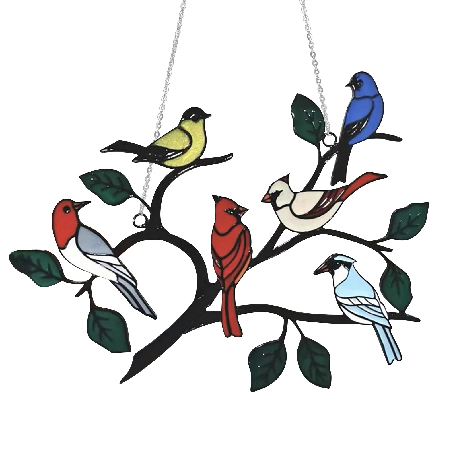 Multicolor Birds on a Wire High Stained Glass Suncatcher Window Panel Decor C❤