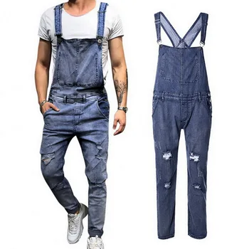 

Fashion Men's Ripped Jeans Jumpsuits Distressed Hole Denim cowboy Bib Overalls Trousers Male Skinny Slim Pants Plus Size S-XXL