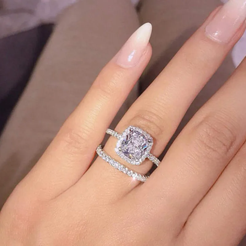 2020 New Fashion Square Rhinestone Ring Double Layer Micro Inlaid ZC Women Wedding Engagement | Женская одежда