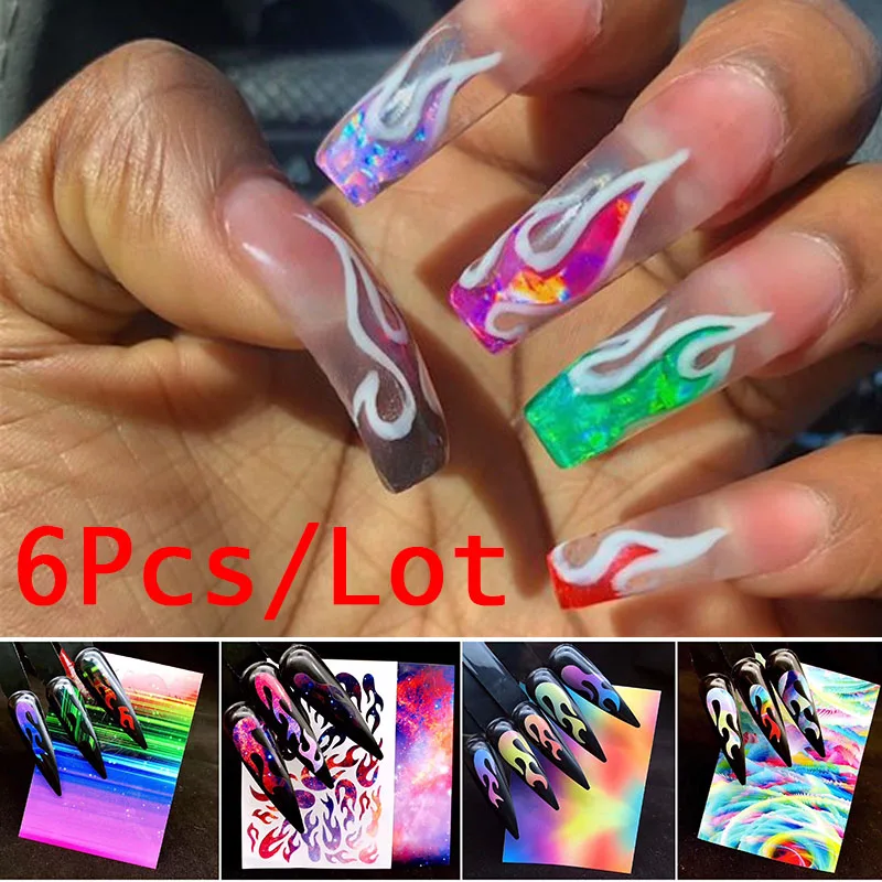 

Azure Beauty 6Pcs/Lot Flame Transfer Nail Art Sticker Set Holographic Nail Foil Flame Sticker Decorations Laser Silver Sticker
