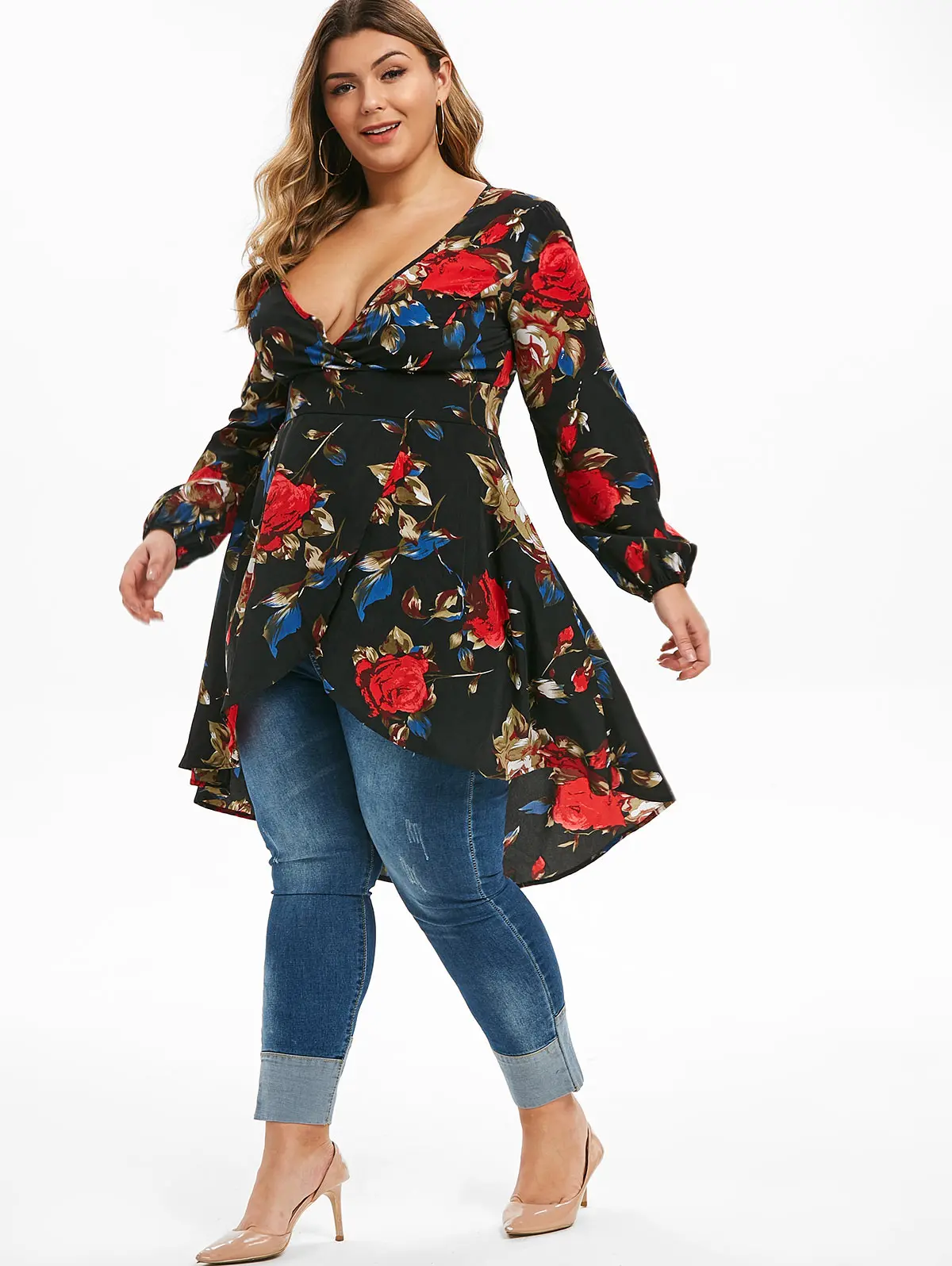

ROSEGAL Large Size Flower Print Top Asymmetric Long Sleeve Blouse Plunging Neck Women Sexy High Waist Vintage Long Tunic Shirts
