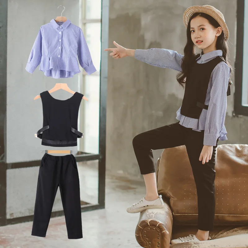 

2019 Spring CHILDREN'S Suit Western Style Striped Shirt Korean-style CHILDREN'S Three-piece Suit-Style Slim Fit GIRL'S Suit