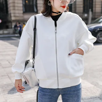 

Black Baseball Solid Black White Women Short Spring Jacket O-Neck Long Sleeve Slim Women Bomber Jacket Plus Size Zipper Jacket