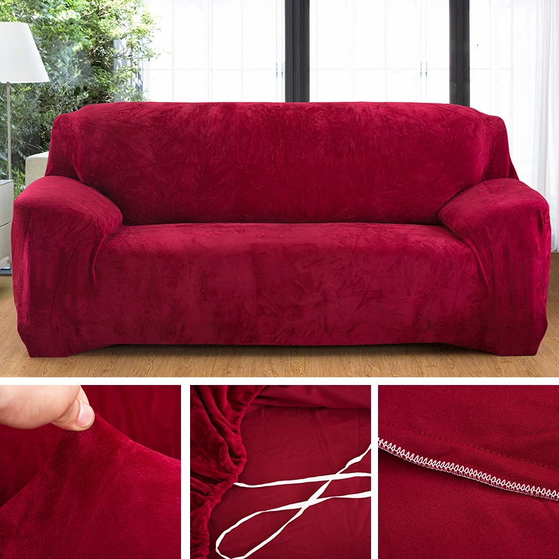 Plush Fabirc Elastic Sofa Cover Black Grey Coffee Fashion Armchair Sectional Couch Covers Non-slip Slipcover 1/2/3/4 Seater - Цвет: Model 4 Burgundy