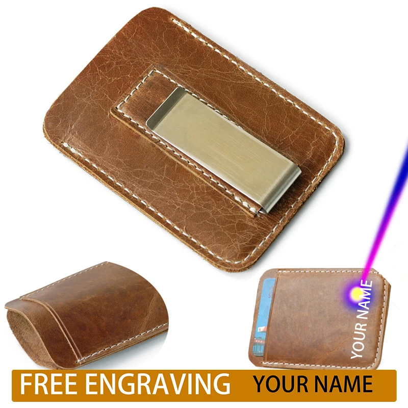 Hot Sale Original Unisex Crazy Horse Leather Design Fashion Gift Slim Wallet Front Pocket Money Clip Mini Bill Purse C059