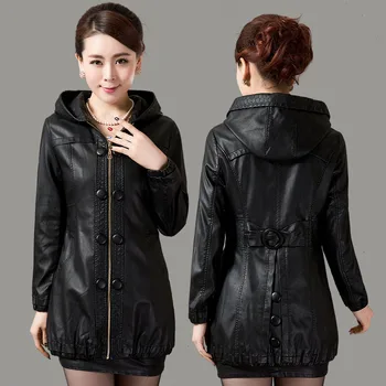 

2019 Autumn And Winter New Leather Women's Jacket Hooded Loose Long Plus Fat Plus Size Middle-Aged And Elderly Women Clothing