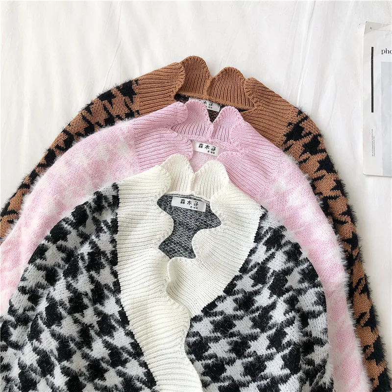Neploe Contrast Color Plaid Pullover Sweater Cross Ruffle V-neck Knitwear Autumn Winter Sweet Slim Waist Pull Jumpers 56393