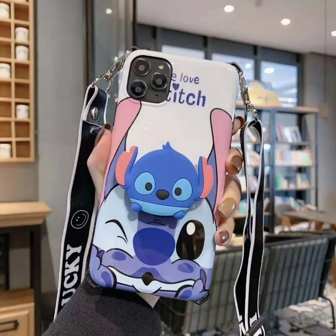 Для iphone 11 pro Max милый Ститч мягкий чехол для телефона для iphone 11 8plus 7P 6S 6p XR XS Max мультяшный чехол+ ремень+ подставка - Цвет: As shown in