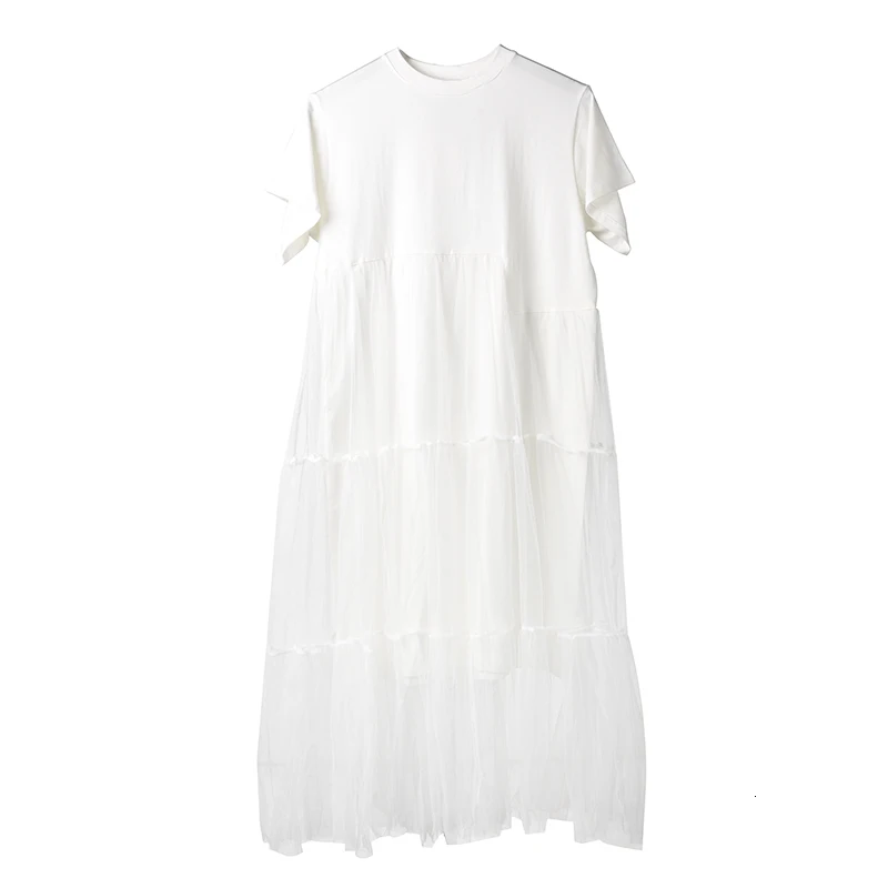 [DEAT] женское белое платье с неровным разрезом, Сетчатое платье, новинка, круглый вырез, короткий рукав, свободный крой, мода, весна-осень 3360.XL - Цвет: white