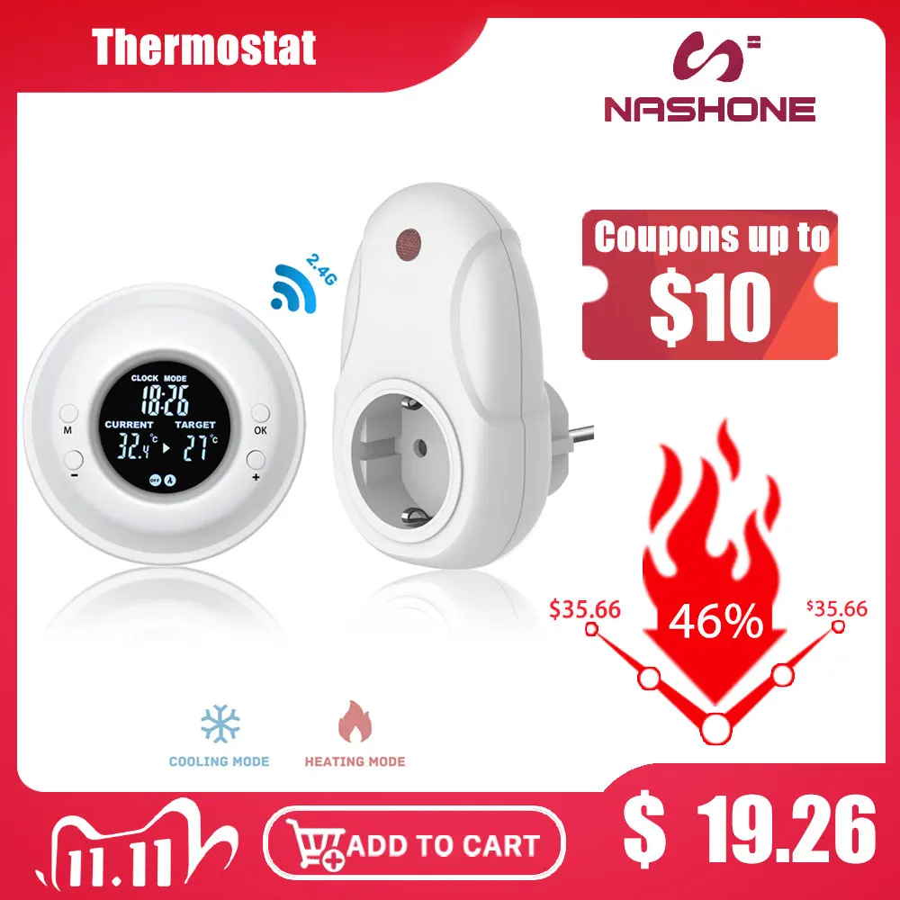 Nashone Digital thermostat temperature controller, Wireless Remote Control Thermostat Timer, LCD Display Thermostat inalambrico afbeelding