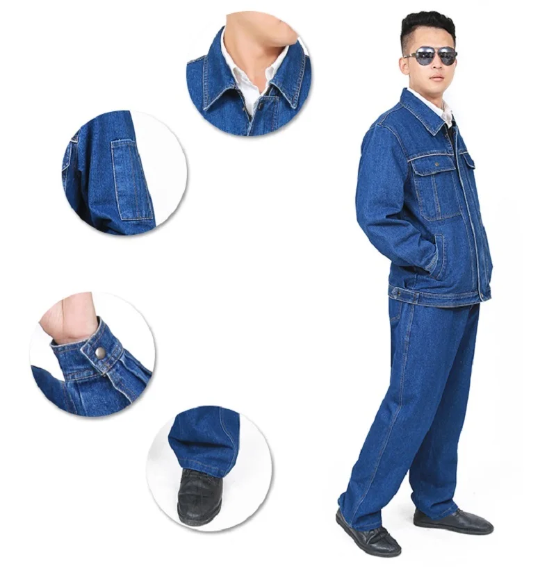 용접 의류 데님 작업복, 긴 소매 내구성 내마모성 청바지 재킷 바지, 멀티 포켓 전기 수리공
