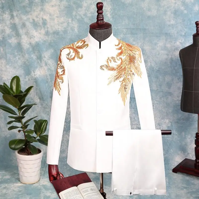 (Jacket+Pants) Chinese Style Men's Suits Sequins Embroidery Blazers Stand Collar Tuxedo Dress Singer Host Stage Costume 2 Pieces