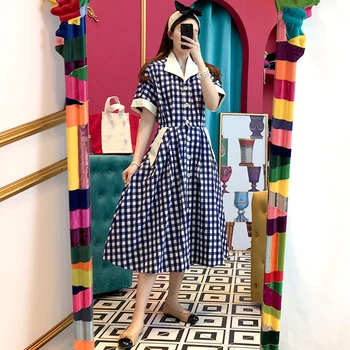 

iMucci 2020 Summer Korea Ins Sweet Retro Lapel Hit Color Single-breasted Was Thin Waist Wide Swing Type loose Dress Female