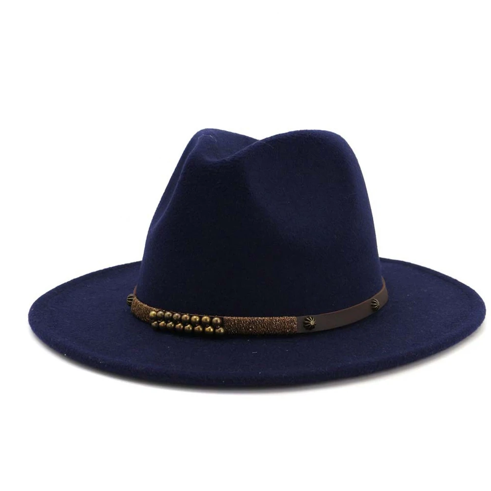 Men Women Fedora Hat With Belt Wide Brim Hat Ladies Winter Hat Pop Jazz Hat - Цвет: Dark Blue