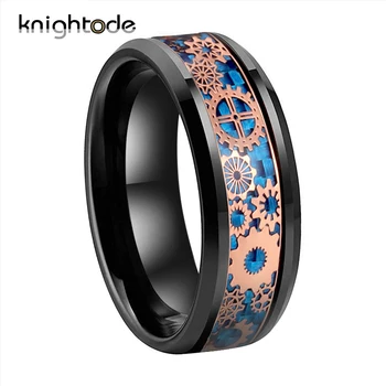 

High Polishing Ring 8mm Black Tungsten Wedding Band With Rose Gold Mechanical Gear Wheel Blue Carbon Fiber Inlay Beveled Edges