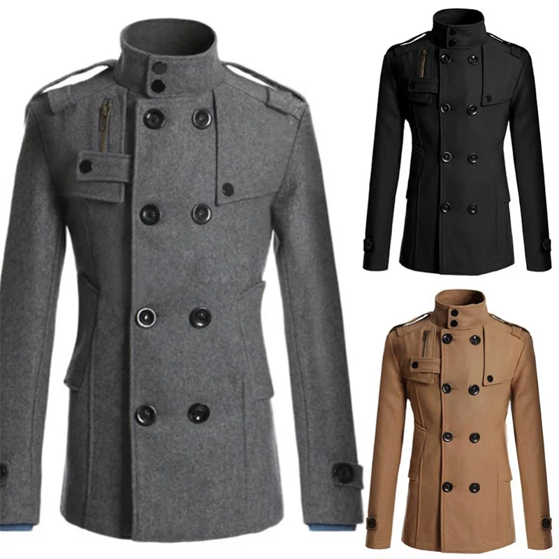Mens New Winter Warm Trench Woolen Coat Slim Casual Reefer Jackets Solid Stand Collar Double Breasted Peacoat parka