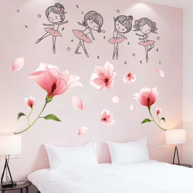 

[shijuekongjian] Pink Color Flowers Wall Stickers DIY Cartoon Ballet Girl Wall Decals for Living Room Kids Bedroom Decoration