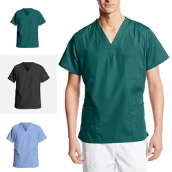 Men T-shirts Nursing Work Uniform Solid Color Short Sleeve V-Neck Tops With Pockets Workwear Beautican Doctor Casual Blouse M-3X