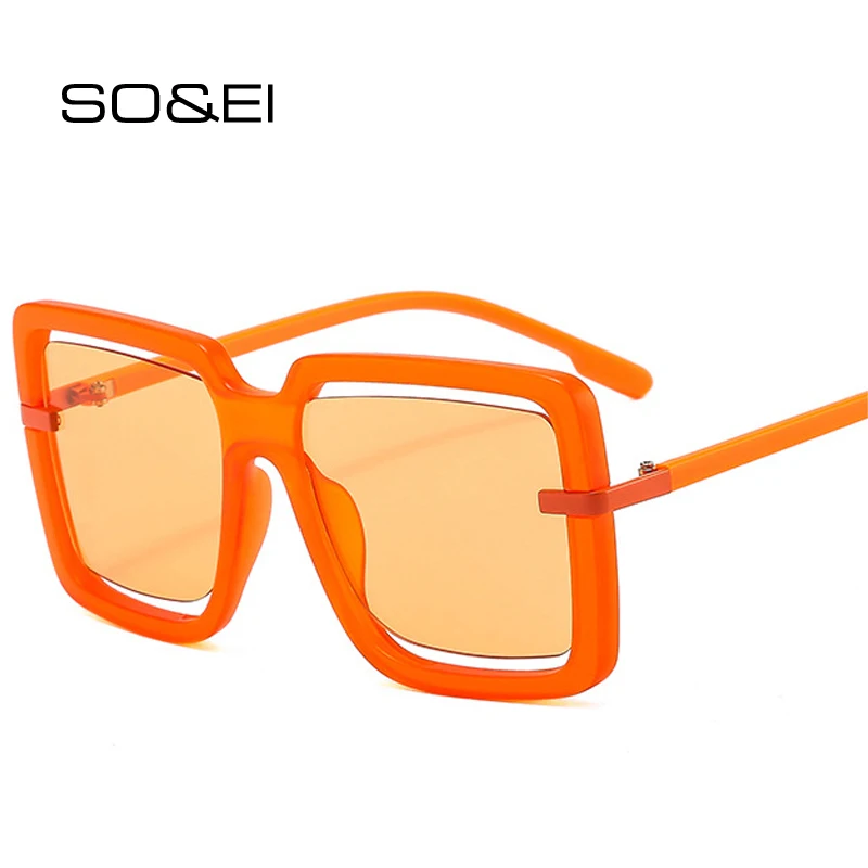 

SO&EI Fashion Oversized Square Sunglasses Women Retro Hollow Ocean Lens Eyewear Shades UV400 Men Orange Pink Sun Glasses