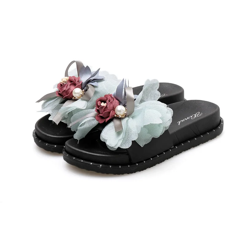 

2019 Summer Women's Net Red Word Slipper Slippers Fashion Flowers Decoration Elegant Sweet Platform Shoes