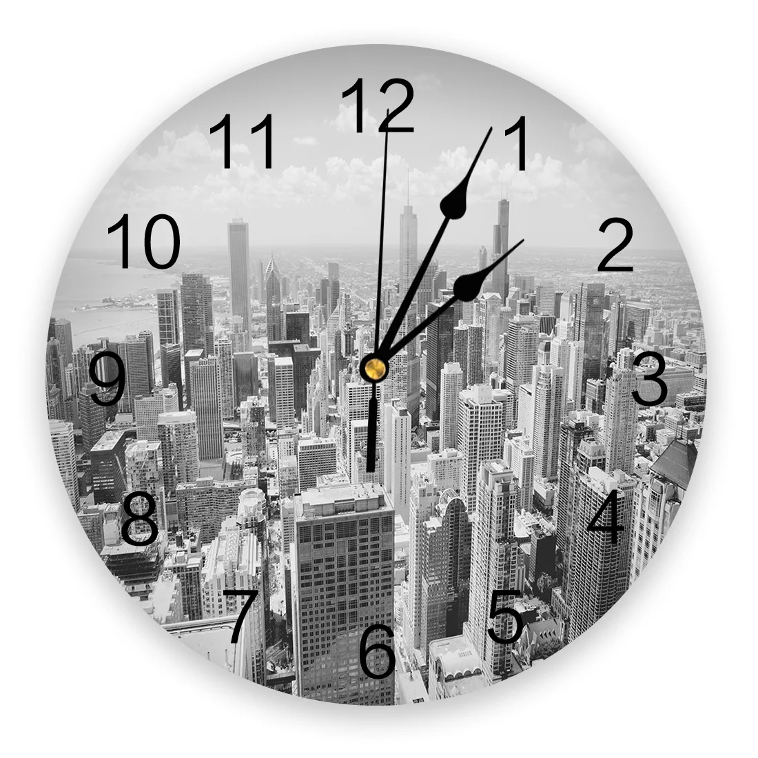 Night Panorama City Chicago Wall Clocks Home Decoration Silent Round Wall Watches for Home Living Room Kitchen Wall Decor 