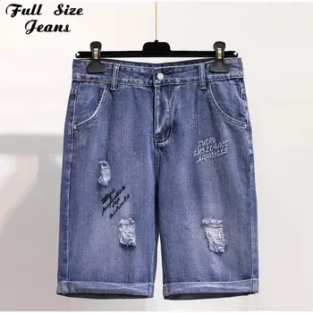 

Women Plus Size Embroidery Hemming Capris Knee Length Short Jeans Mom 3XL 4XL Boyfriend Casual Ripped Denim Shorts Basic Bermuda