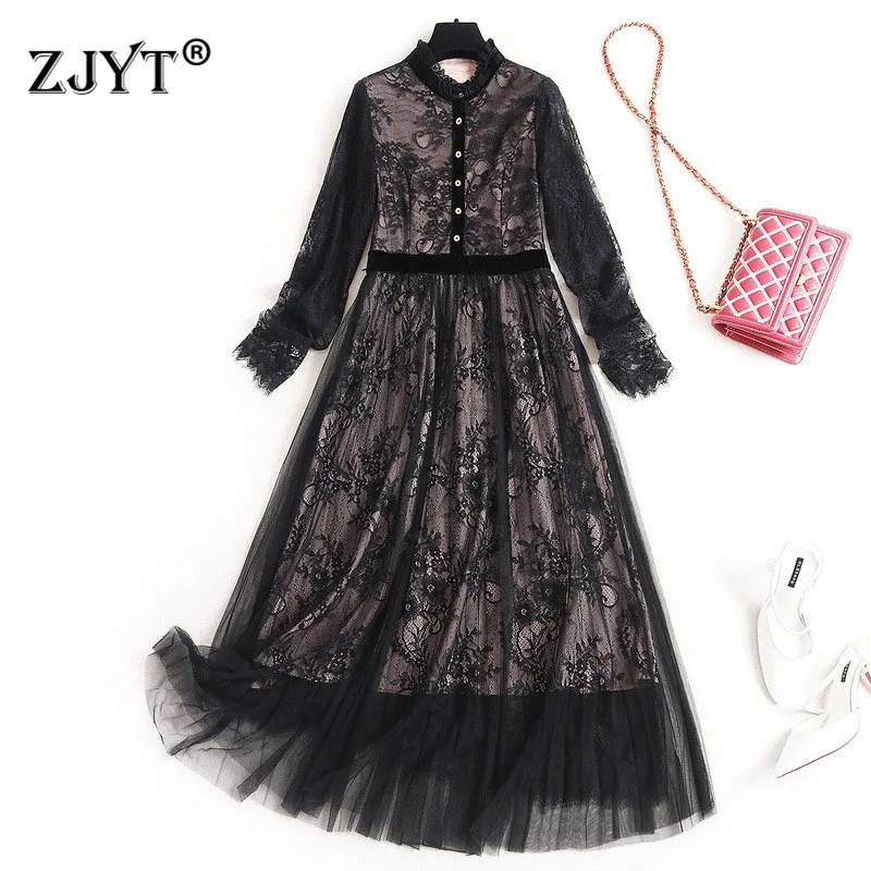 

Elegant Spring Dress 2020 New Fashion Designers Woman Clothes Long Sleeve Hollow Out Mid Calf Sexy Black Lace Dress Party