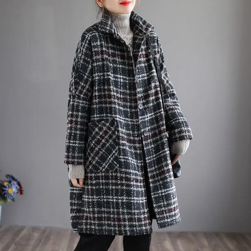 

Lapel Popular Art Lattice Woolen Coat Female Winter New Korean Version Mid-Long Single-Breasted Warm Loose Coat Overcoat Female