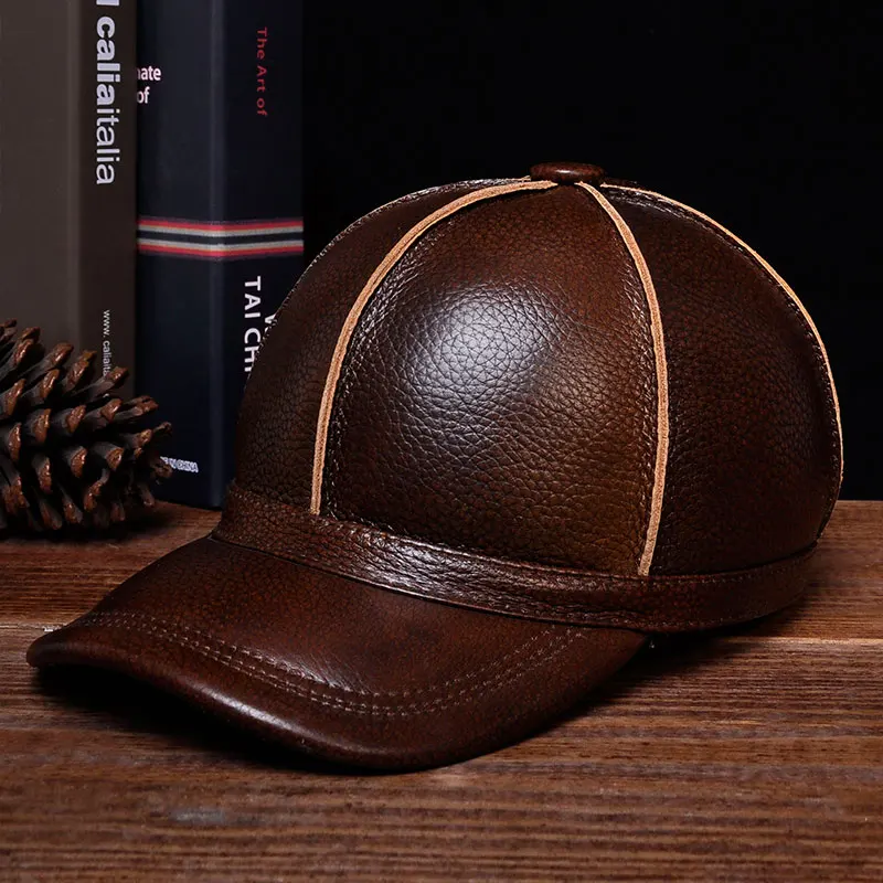 BROWN HL028 Мужская бейсболка из натуральной кожи, новая брендовая мужская шапка из натуральной кожи для взрослых, однотонные регулируемые шапки/шапки - Цвет: BROWN