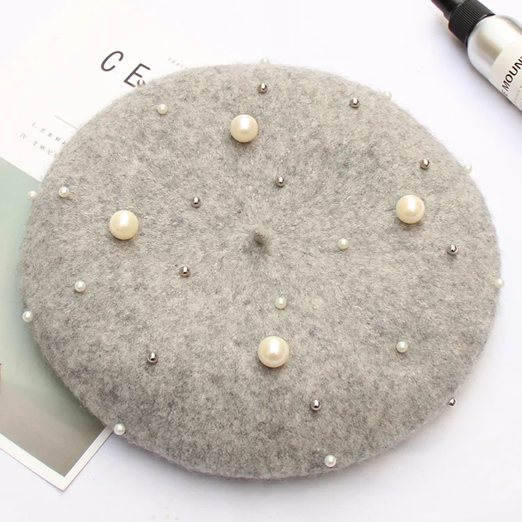 Nail pearls - gray Шерстяная женская зимняя Роскошная жемчужная заклёпка, винтажный кашемировый Женский Теплый Vogue берет, шапки для девушек, плоская кепка, берет для женщин - Цвет: Nail pearls - gray