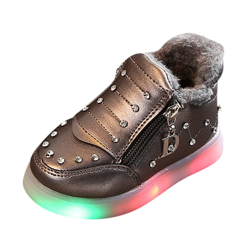 Модный светильник ботинок с подсветкой для детей; обувь для маленьких девочек; бархатные зимние теплые ботинки; короткие ботинки с кристаллами на молнии; Прямая поставка;