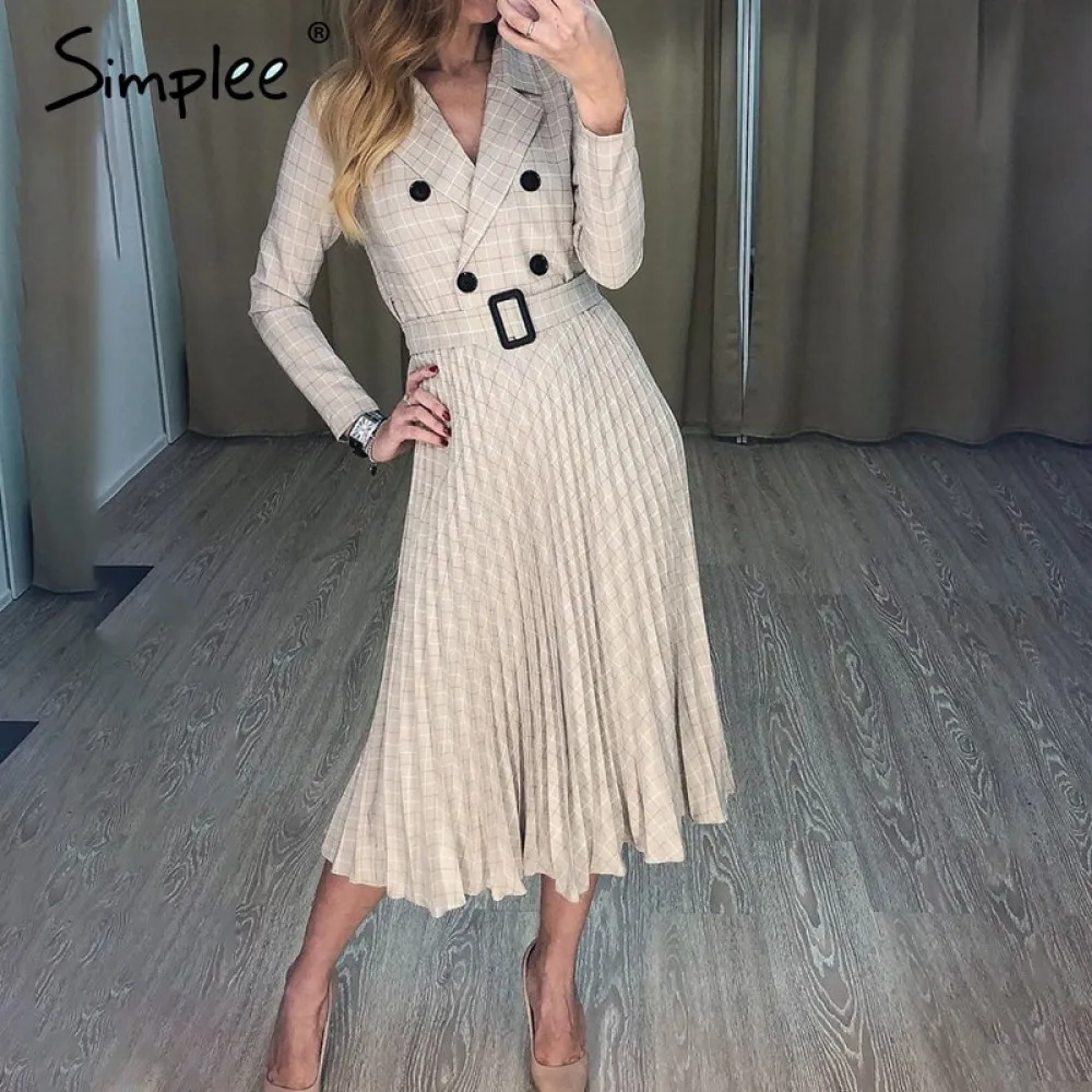 Simplee винтажное плиссированное платье в клетку с поясом женское элегантное офисное женское платье-блейзер с длинным рукавом же