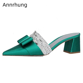 

Luxury Satin Bowknot Slippers Women Sexy Pointed Toe Med Heel Jeweled Rhinestone Outwear Mules Summer Shoes Zapatos De Mujer