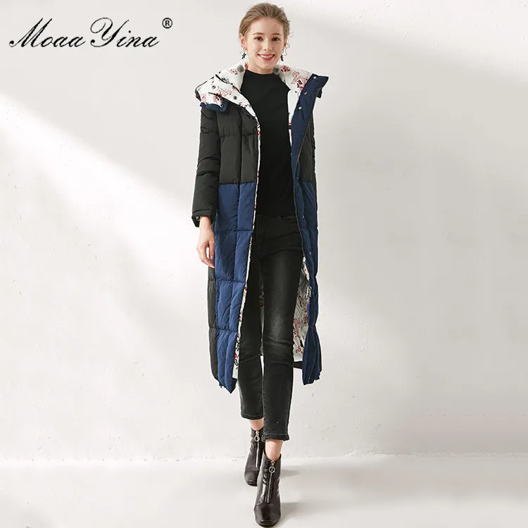

MoaaYina High Quality Long sleeve Hooded Collar Women's Winter Runway Coats White Duck Down Long Keep warm Down Jacket Outwear