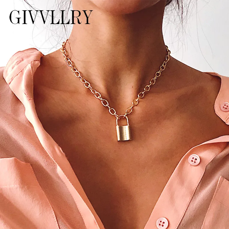 

Gold Silver Lock Pendant Necklace Women Jewelry Fashion Punk Minimalist Geometric Charm Long Chain Necklaces Sweater Chains