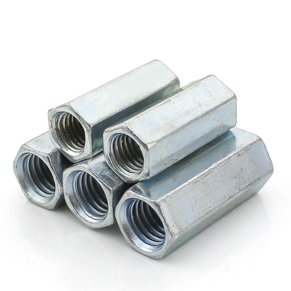 5 x Metric Hexagon 10mm Connector Long Nuts for Connecting Screwed Rod Bars