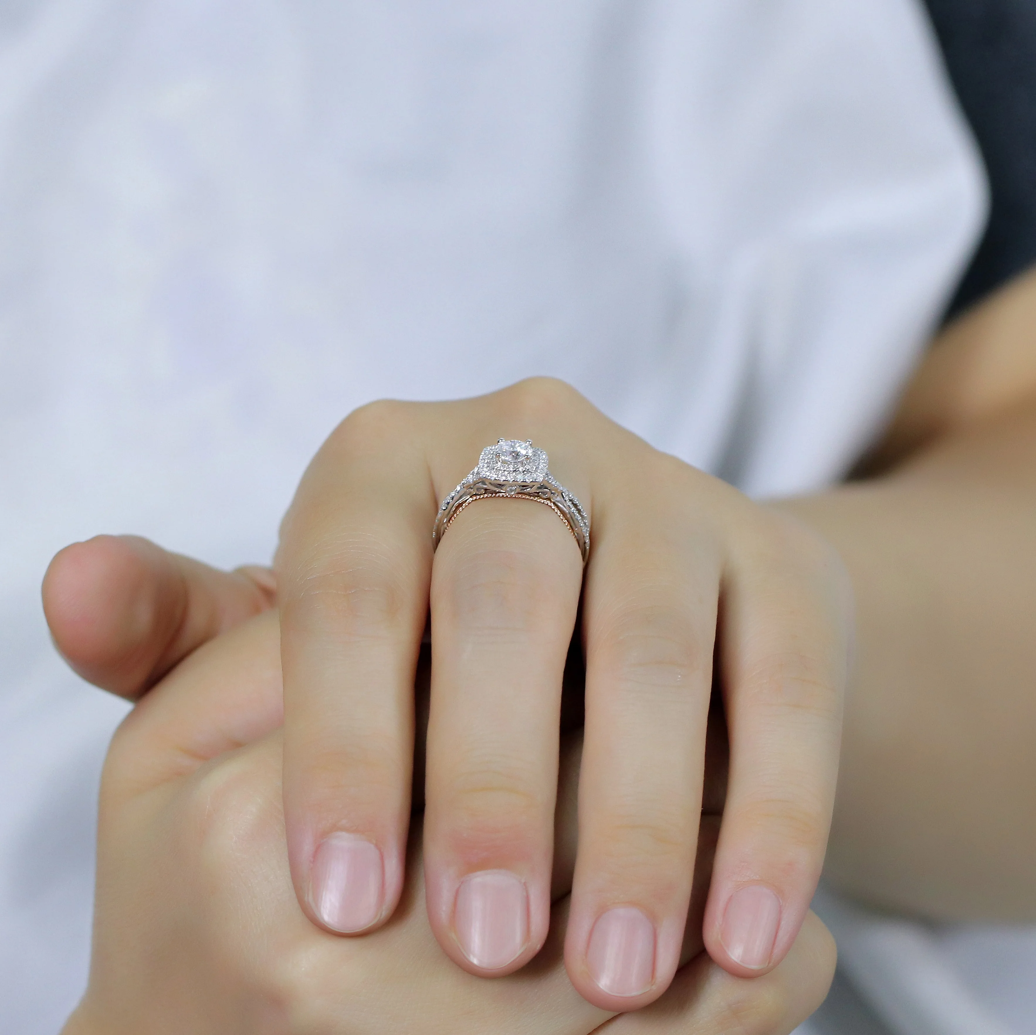 TransGems, 14 K, 585, белое и розовое золото, центр, Круглый, 0.5ct, 5 мм, F цвет, Муассанит, обручальное кольцо с ореолом для женщин