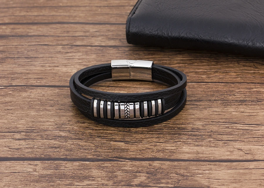Charm Multilayer Stainless Steel Magnetic Clasp Men Bracelet Leather Bangles Rope Punk Rock Male Jewelry Accessories