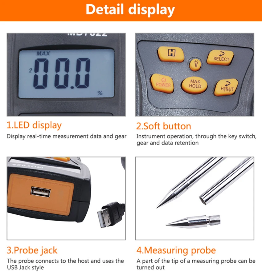 Portable Digital Moisture Tester with Long Probe, Backlight, Humidity Monitor, Hydrometer for Rice, Corn, Soybeans, Coffee Beans