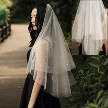 Короткие 1,5 м Свадебные вуали с жемчугом Белый Тюль женские свадебные аксессуары для волос вечерние реквизит для фотосессии