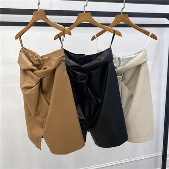 

Faux Leather Womens Pleated Mini Skirt High Waist Fashion Lady Short Skirts 2020 New
