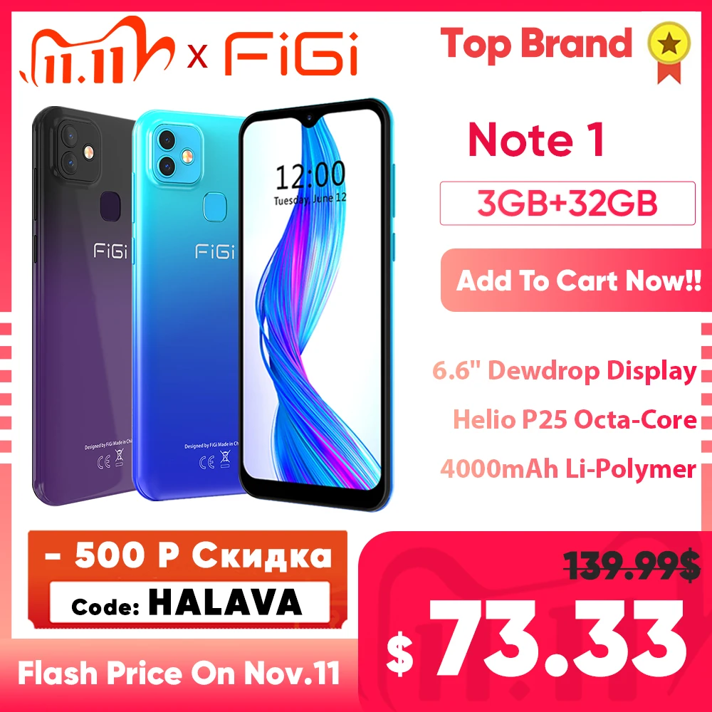 FIGI Note 1 Smartphone 6.6inch Display 4000mAh Battery MTK Helio P25 Octa Core 3GB 32GB Mobile phone 13MP Dual Cameras Telephone