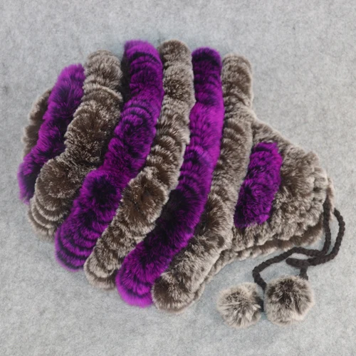 coffee and purple Уличные эластичные вязаные меховые шляпки кролика рекс Зимние Женские Настоящий мех кролика шапка натуральный мех кролика рекс шапка - Цвет: coffee and purple