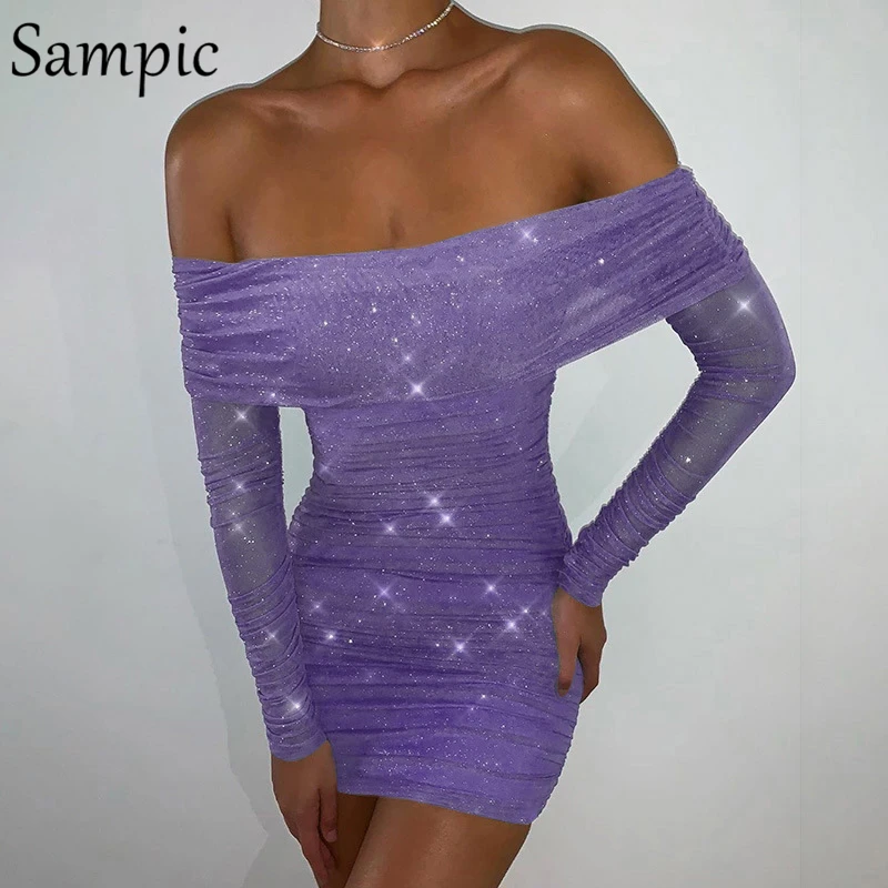 Sampic, сексуальное женское Клубное платье для ночного клуба, vestidos, блестящие, с длинным рукавом, вечерние, облегающее платье, короткое, модное, с блестками, с открытыми плечами